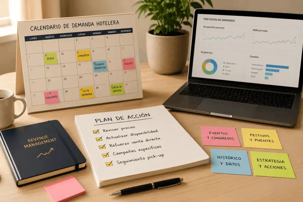 Calendario de demanda hotelera con previsión de ocupación, eventos, precios y plan de acción revenue