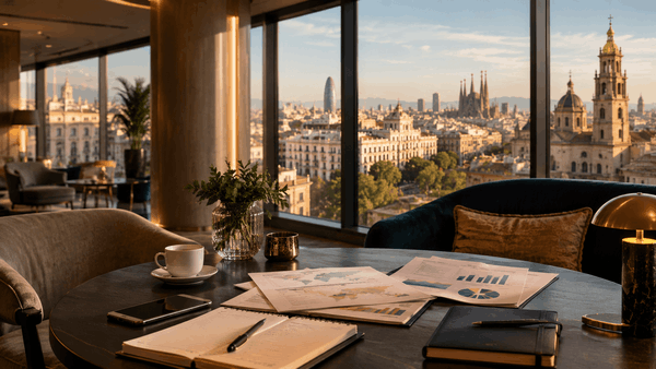 Sala de hotel con informes estratégicos para consultoría hotelera en mercados urbanos
