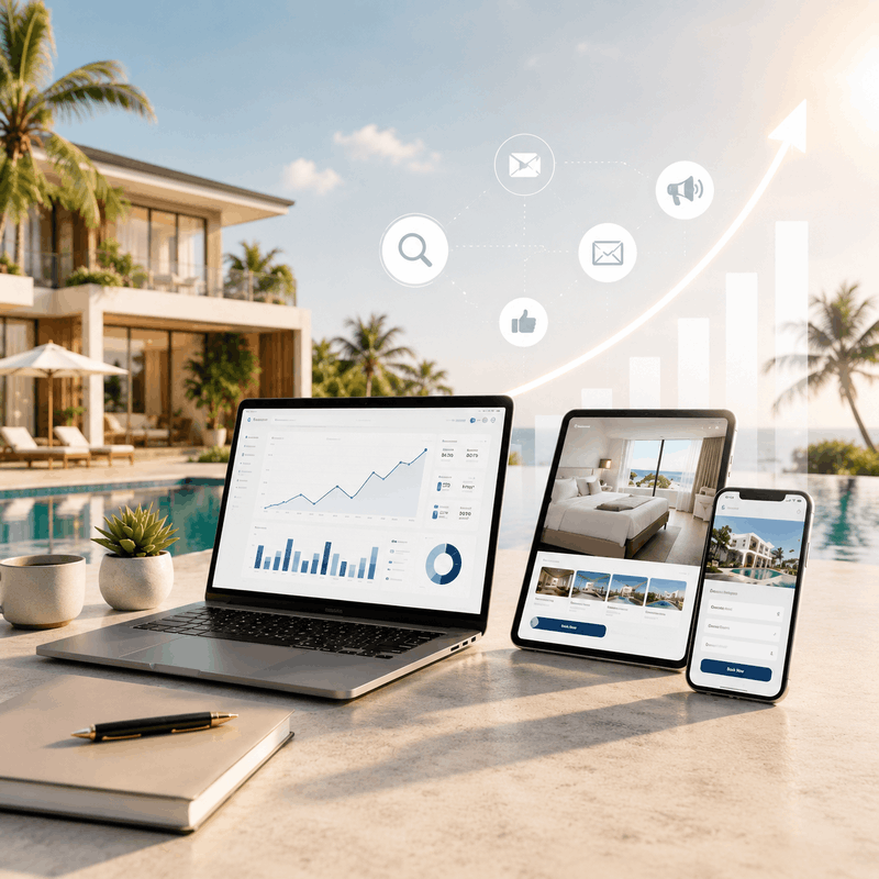 Marketing digital para hoteles con análisis de datos, reservas directas y estrategia de crecimiento para alojamientos turísticos