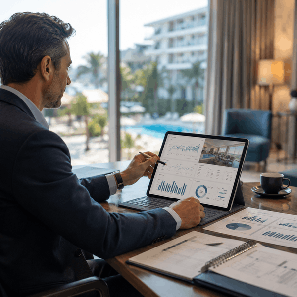 Consultor analizando datos de rentabilidad y rendimiento para la gestión de activos hoteleros