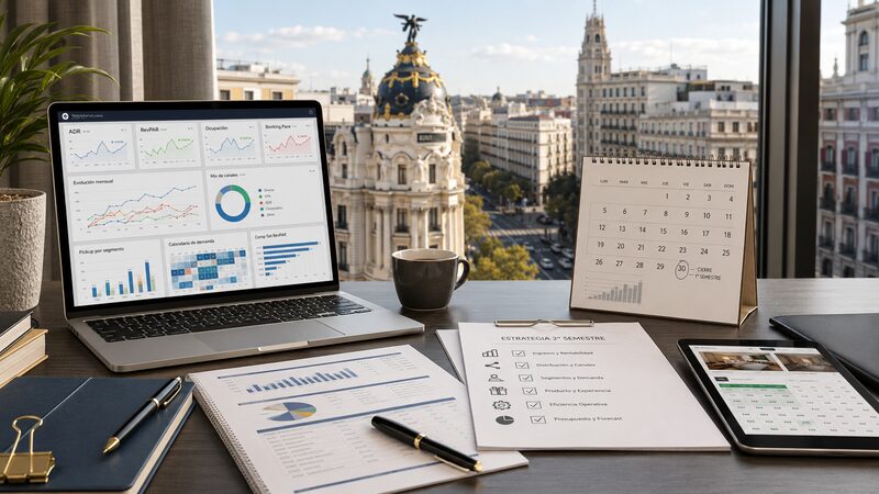 Panel de análisis revenue con métricas hoteleras, calendario y planificación estratégica para cerrar el primer semestre