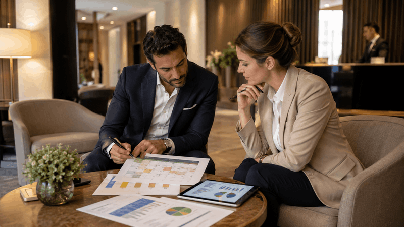 Equipo hotelero revisando una estrategia de pricing con calendario de demanda, gráficos y datos de Revenue Management