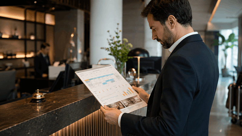 Revenue manager revisando una estrategia de pricing hotelero en la recepción de un hotel urbano