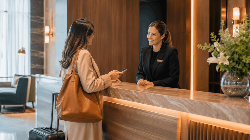 Huésped siendo atendida en la recepción de un hotel, representación de la venta directa hotelera y el valor del canal directo