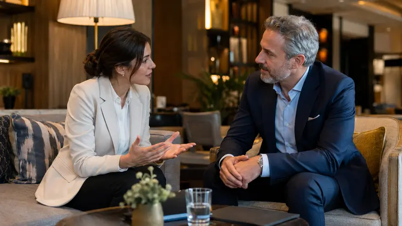 Conversación profesional en un hotel sobre dudas y asesoramiento en Revenue Management hotelero