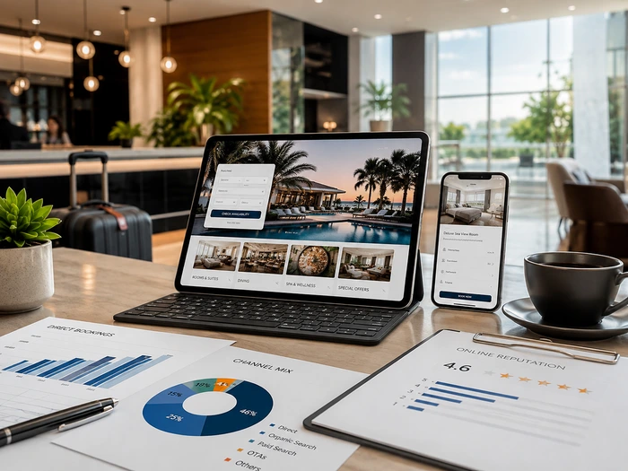 Tablet y móvil con herramientas de eCommerce hotelero, venta directa y reputación online en un hotel urbano
