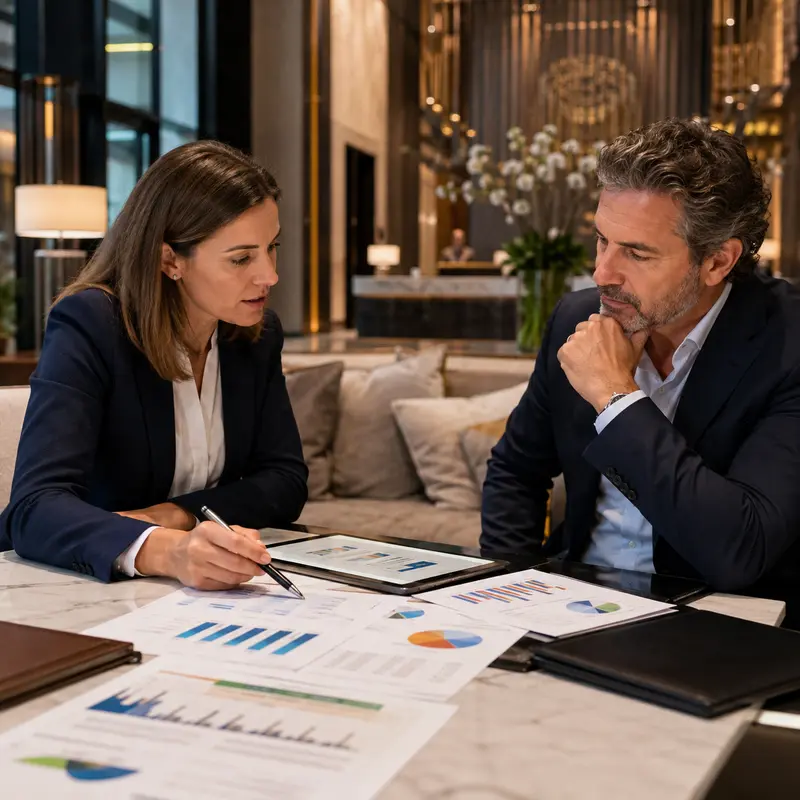 Gestión de activos hoteleros | Hotel Asset Revenue Reunión estratégica sobre gestión de activos hoteleros con análisis de rentabilidad y resultados