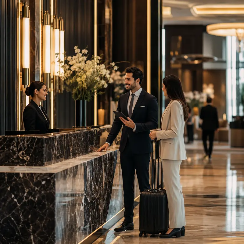 Gestión de activos hoteleros y rentabilidad Recepción de hotel con personal y huéspedes, representación de la gestión de activos hoteleros orientada a rentabilidad