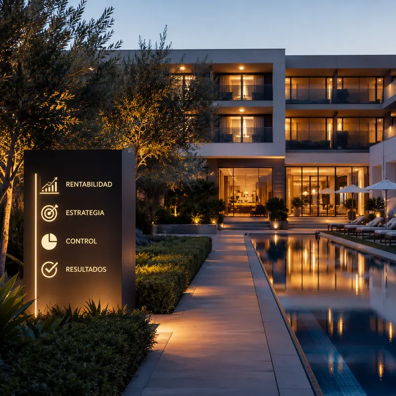 Gestión de activos hoteleros para mejorar rentabilidad Hotel iluminado con conceptos de rentabilidad, estrategia, control y resultados aplicados a la gestión de activos hoteleros
