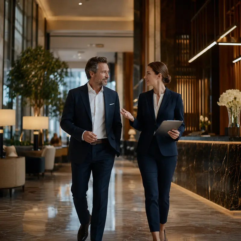 Gestión estratégica para propietarios e inversores hoteleros Profesionales del sector hotelero conversando en un lobby sobre estrategia y rentabilidad del activo