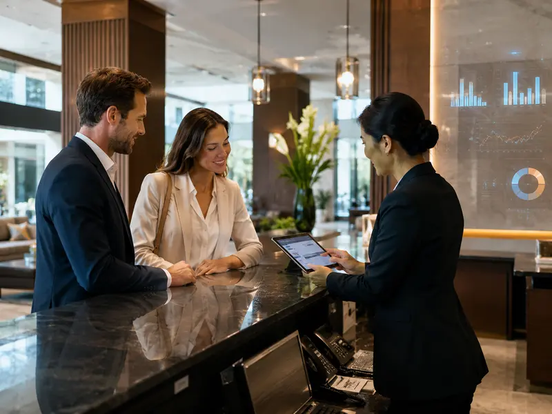 Partners tecnológicos hoteleros | BeezHotels Recepción de hotel con equipo utilizando tecnología para mejorar la gestión, el revenue y la conversión
