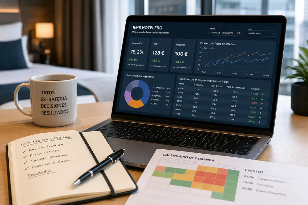 Pantalla de RMS hotelero con datos de ocupación, ADR, RevPAR y calendario de demanda para estrategia revenue