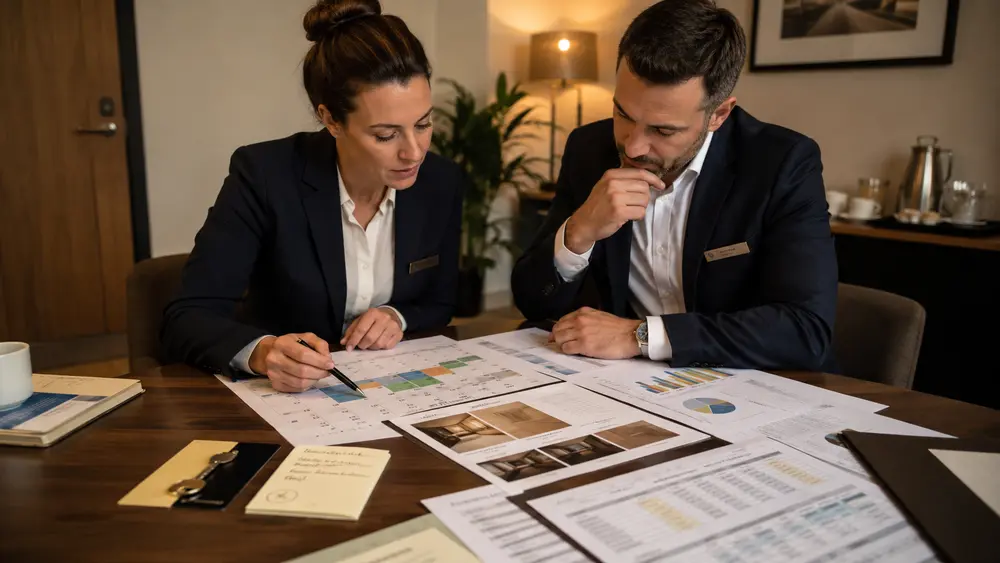 Equipo hotelero revisando calendario, datos de conversión y estrategia digital para mejorar las reservas directas
