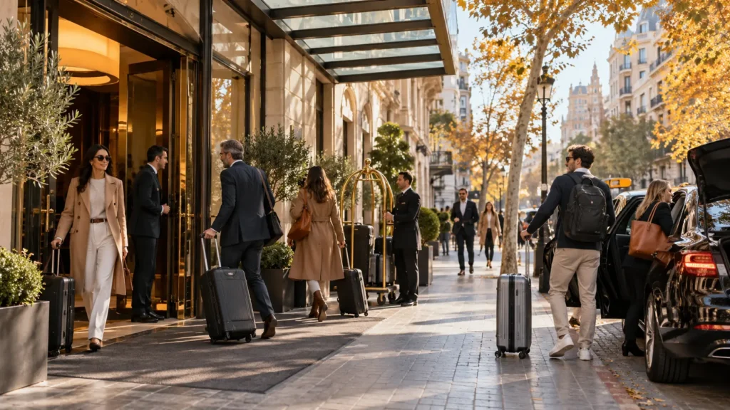 Viajeros llegando a un hotel urbano en otoño, representación de la demanda hotelera en Madrid, Barcelona, Valencia y Sevilla
