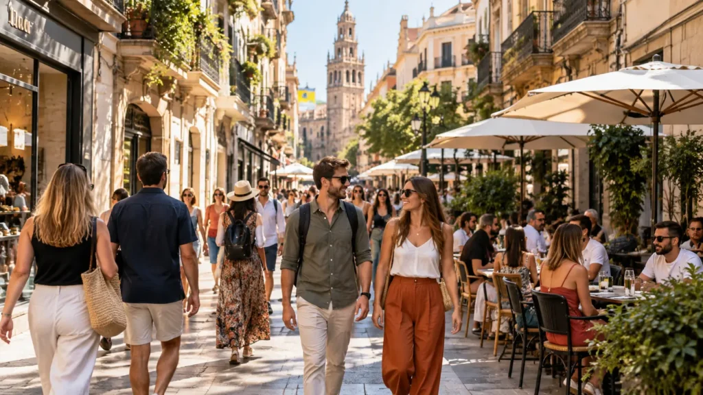 Calle turística llena de viajeros en una ciudad española, reflejo del crecimiento de la demanda hotelera en septiembre y octubre