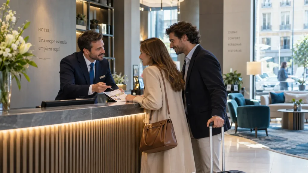Recepcionista atendiendo a huéspedes en un hotel urbano, representación de la venta directa hotelera y la relación directa con el cliente